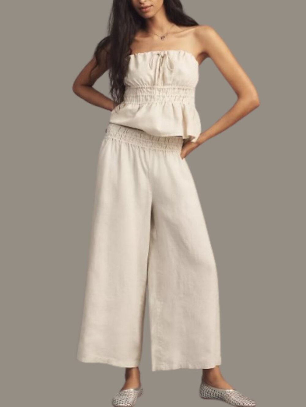 Anthro Somerset Linen Wide Leg Pants High Rise Pull On Sand XL Coastal Resort